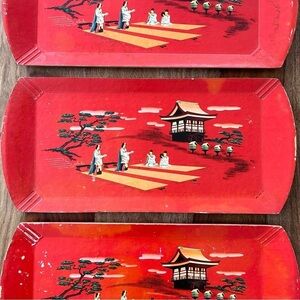 Vintage Hasko wood veneer lap trays red Asian scene MCM 50s set of 3